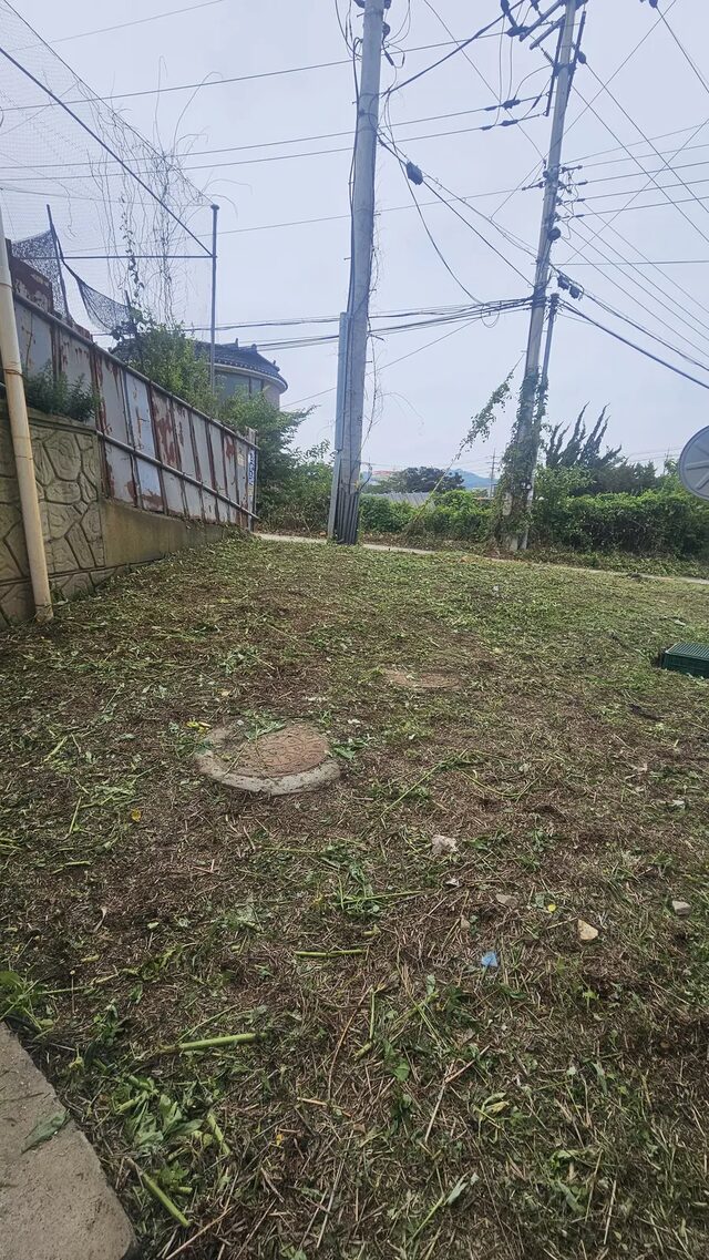 창고 외곽 펜스라인을 따라 자란 잡초를 정리하는 모습